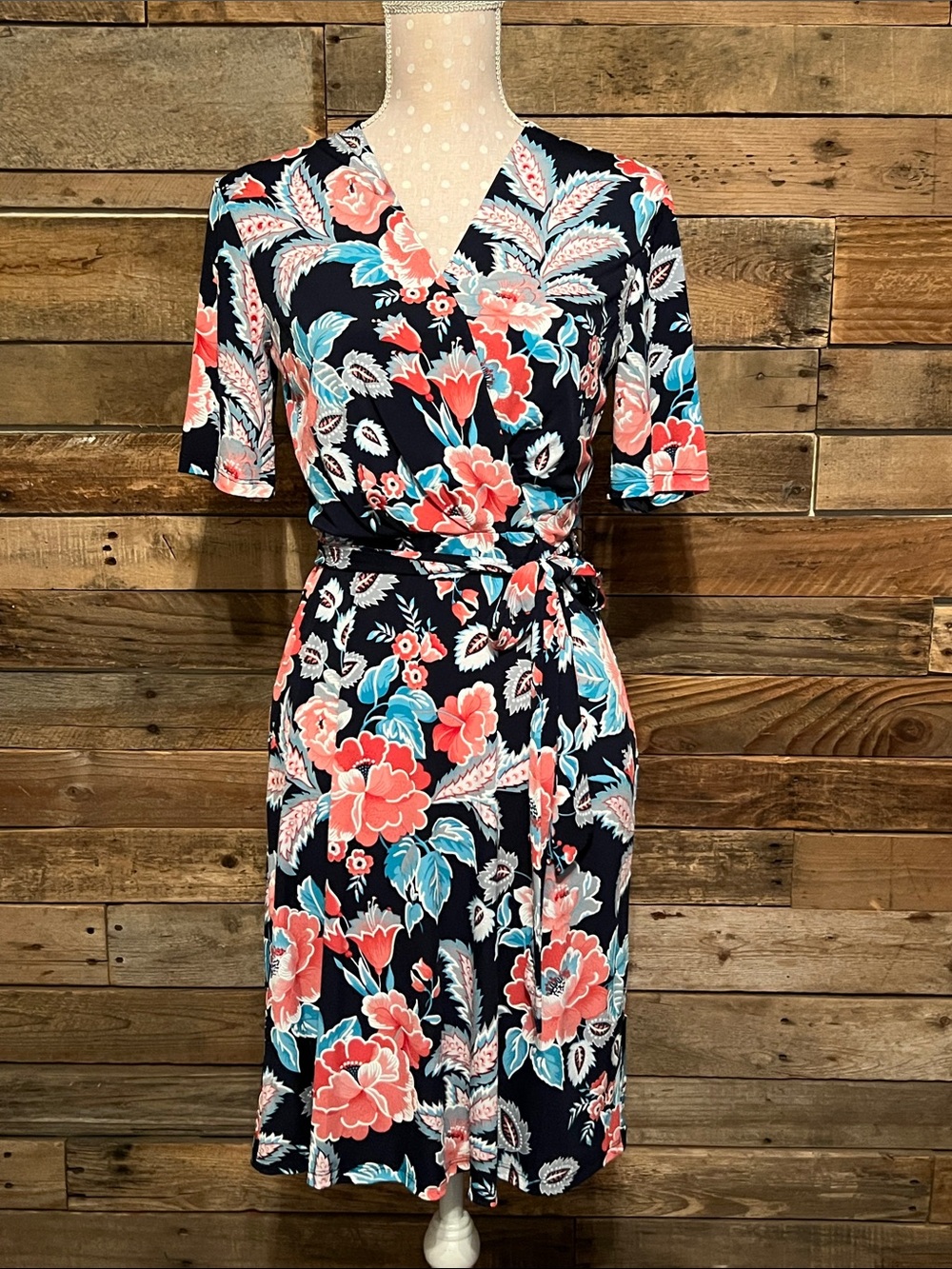 Enfocus Studio Navy Floral Wrap Midi Dress with Coral and Teal